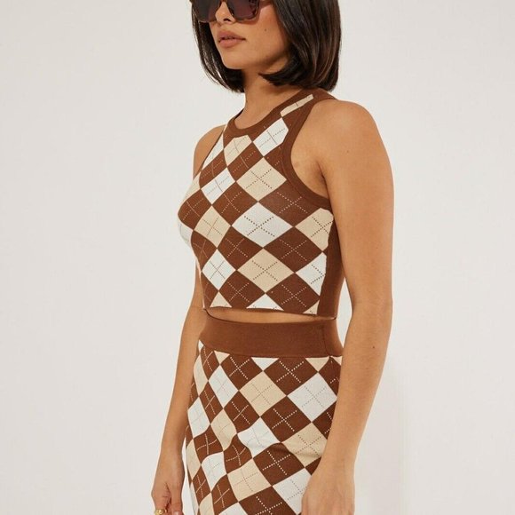 Womens Matching Set Outfit Tank Skirt Mini Size XS Brown Ivory Diamond Stretch - Picture 5 of 16